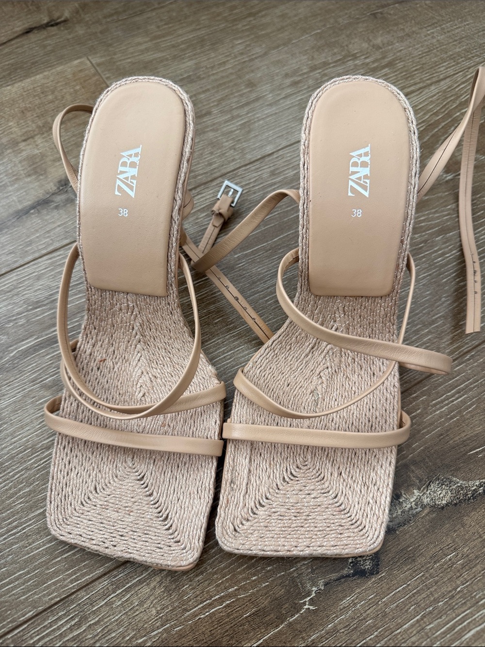 ZARA Nude Strappy Square-Toe Heeled Sandals